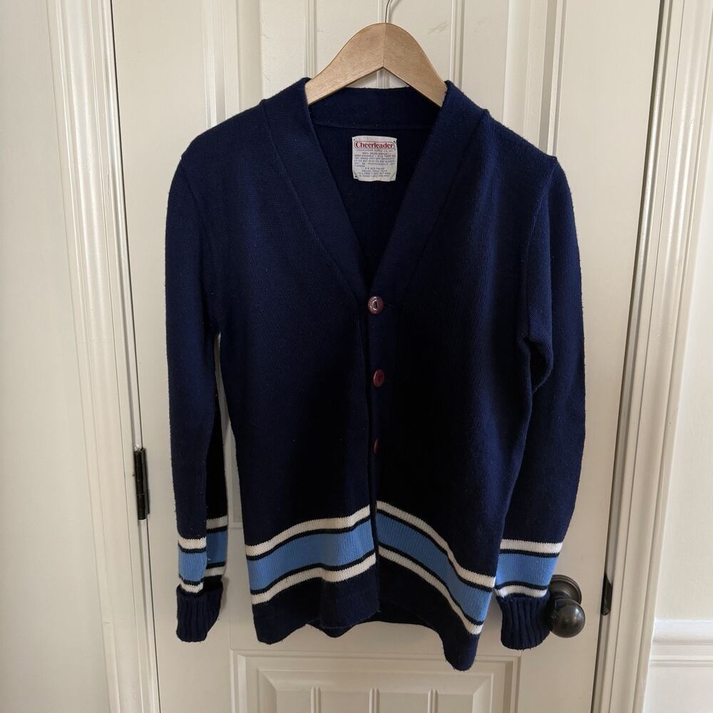 Cheerleader Supply Company Vintage Cardigan Sweater Navy Blue Light Blue Stripes